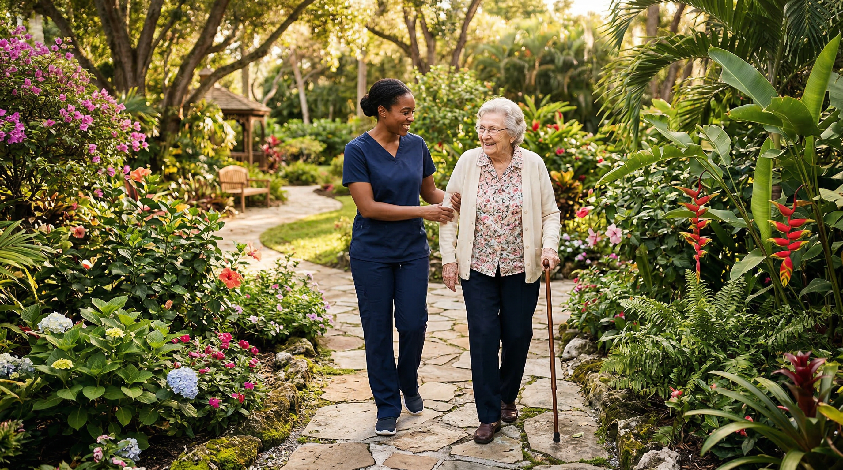 Compassionate staff member assisting resident at Merriment